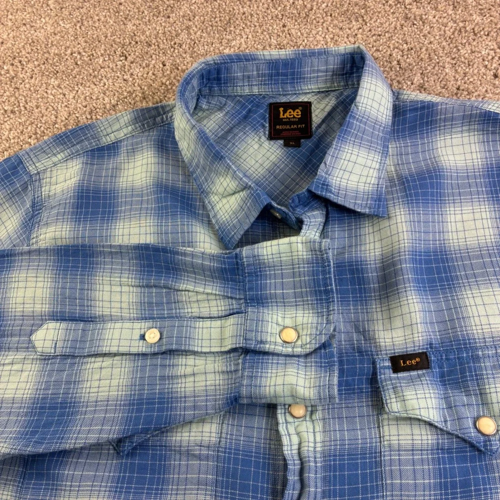 Lee Regular Fit Plaid Long‎ Sleeve Pearl Snap Front Shirt Mens XL Blue Vintage